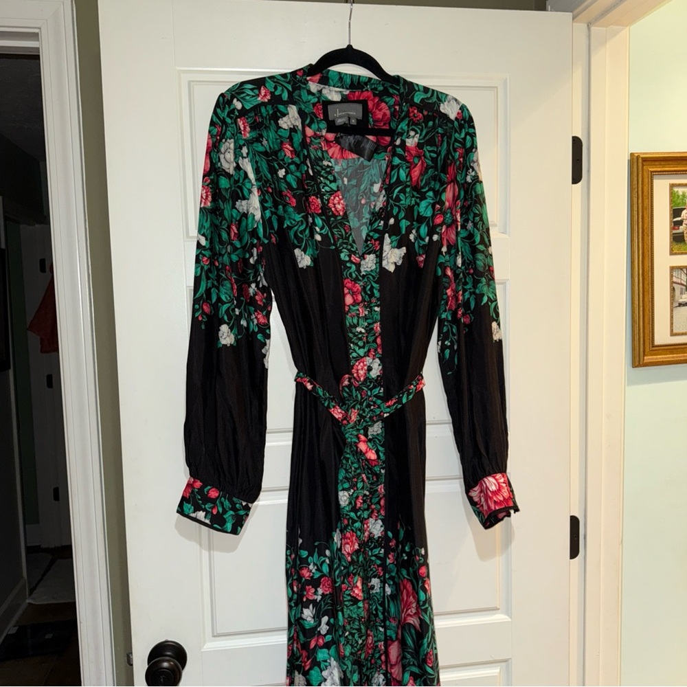 Anthropologie Green and Red Sheath Dress with Bishop Sleeves and V-Neck xl - Picture 2 of 9